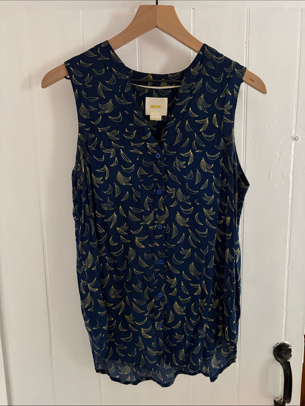 Maeve Navy Sleeveless Button-Front Top with Yellow Banana Motif